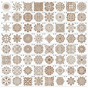 MWOOT 64 Pezzi Mandala Geometric Painting Stencils Paint Templates,DIY Plastic Disegno Stencil per Stencils,Riutilizzabile Pittura Modelli Arredo Tessuto Legno Mobili Tela Decorazioni(9x9 CM)