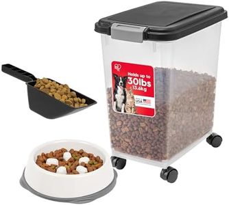 IRIS USA Airtight Dog Food Storage Container with 2-Cup Scoop and Slow Feeder Bowl Combo, Up to 30 lbs Pet Food Bin with Attachable Wheels, Anti-Slip Short Snouted Bowl, Easy to Clean, BPA Free, Black
