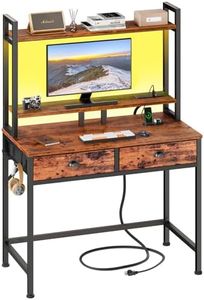 Furologee Small Computer Desk with Power Outlet and 2 Fabric Drawers, Gaming Desk with Light, Home Office Desk with Monitor Stand and Hutch for Small Space Working, Study Table with Shelf Rustic Brown