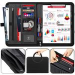 wilbest® Conference Folder A4 Zipped Magnetic Handle, 2-layers Large Pocket PU Leather Case Business Portfolio Folder with Pockets, Card Holders, Elastic Loops, Clipboard, Notepad for Interview -Black