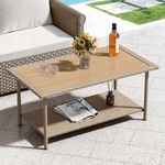 YITAHOME Outdoor Wicker Coffee Table with 2-Layer, 39.4" Rectangle Outside Side Table with Faux Wood Top, All-Weather Rattan Patio Bistro Table for Garden Backyard Porch - Brown