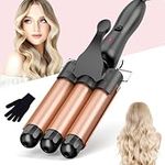 3 Barrels Hair Waver for Large, Waver Curling Wand-25mm Curling Iron with PTC Ceramic Barrels, Temperature Setting and Quick Heating with Heat-Resistant Glove - Rose Gold