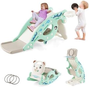 HONEY JOY 4-in-1 Kids Slide Rocking Toy, Multifunctional Toddler Slide with Rocking Horse, Basketball Hoop & Ring Game for Kids 3-5 Years Old, Freestanding Slide Set for Indoor & Outdoor Use (Green)