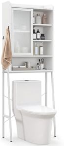 Giantex Over The Toilet Storage Cabinet, Bathroom Space Saver with Sliding Acrylic Door & Metal Frame, Freestanding Bathroom Organizer with Adjustable Shelves for Bathroom, Laundry (White)