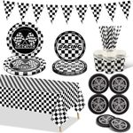 Racing Car Birthday Party Decorations, Racing Car Party Supplies Include Paper Plates, Checkered Tablecloth, Paper Cups, Tire Napkins, Flag for Kids Birthday, Race Theme Party, 102 Pcs Serve 20