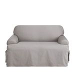 SureFit Cotton Duck Canvas T Cushion Loveseat Slipcovers, Loveseat Cover Cotton Solid One Piece Design and Straight Skirt, Removable and Machine Washable Loveseat Cover, Gray