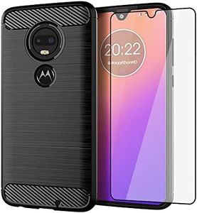 Asuwish Phone Case for Moto G7/G7+/Revvlry Plus with Screen Protector Cover and Slim TPU Cell Accessories Protective Motorola G7Plus Moto7 XT1962-1 G 7 7G Tmobile Revvlry+ Women Men Carbon Fiber Black