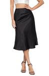 Alcea Rosea Womens Satin High Waisted Silk A-line Wedding Elegant Elastic Midi Skirt (Black, Medium)