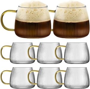 Hoolerry 8 Pack Glass Coffee Mugs with Handle 12.5 oz Classic Vertical Stripes Glass Coffee Cups Clear Tea Cup for Hot/cold Beverages Vintage Coffee Mugs Glassware Set for Americano, Latte, Cappuccino