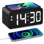 Wooden Digital Alarm Clock, 10W Fast Wireless Charger Station & USB Charging Port, with Stepless Dimmer, Dual Alarm, Weekday/Weekend Mode, Wood LED Clock for Bedroom, Desk, Office