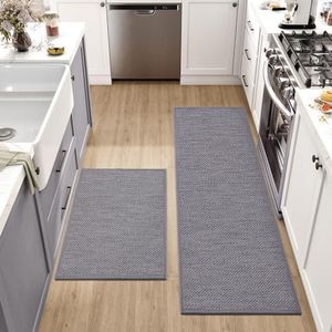 DEXI 2 Pièces Tapis Cuisine Antidérapant, Tissé Tapis de Couloir, ​Tapis de Cuisine Devant ​Evier Lavable, Anti-saleté Tapis pour Cuisine, Salon, Bureau-(43.5x75cm + 43.5x150cm, Gris)