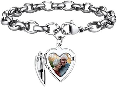 FindChic Customized Heart Locket Bracelet for Women with Picture Women Stainless Steel Mother Bracelets Adjustable Photo Printing Chunky Cable Chain Bracelet Best Friends Jewelry