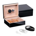 Woodronic Cigar Humidor with Hygrometer Humidifier Cigar Cutter and Ashtray for 30-50 Cigars, Polished Piano Black Humidor Cigar Box Set with Spanish Cedar Lining, Gift for Men