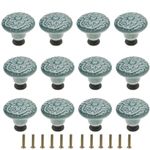 M MIMHOOY 12 Pcs Ceramic knobs Decorative Floral Cabinet Knobs Handmade Home Decor Hardware Cabinet Door Knobs Drawer Pulls, 1.34 NCH Diameter, Green