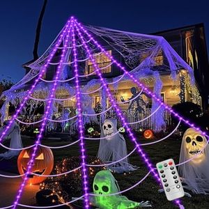 ECOHDT Brighter Spider Webs Halloween Decorations Lights,250 Purple LED Light Up,16.4Ft 8 Modes Giant Spiderweb with Remote Control,Waterproof & Timer,Halloween Decor for Outdoor