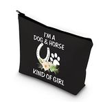 PLITI Dog Lover Gifts Horse Makeup Bags for Women Teen Girls I'm a Dog and Horse Kind of Girl Paw Print Horseshoe Gift (Dog Horse Girl blU)