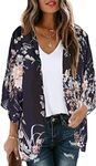 CHICGAL Women's Floral Print Puff Sleeve Kimono Cardigan Loose Cover Up Casual Blouse Tops, Navy Blove, Medium