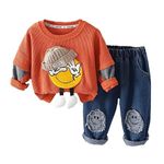 Bold N Elegant Kids Full Length Uptown Sweatshirt with 3D Smiley Patch and Jeans Party Dress for Infant Toddler Baby Boys N Girls (1-2 Years, Orange)