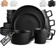 Zulay Kitchen Terra Plates and Bowls Sets, 16 Piece Modern Stoneware Dish Set for 4, Chip and Scratch Resistant Ceramic Dinnerware Set, Microwave and Dishwasher Safe, Matte Black