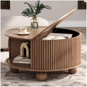 JOINICE Round Coffee Table with Storage, 31.5" Walnut Fluted Drum Center Table, Mid Century Modern Wood Circle Table with Sliding Door & Bun Feet for Living Room