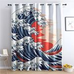 Japanese Wave Curtains for Bedroom Living Room, Great Wave Blackout Curtains & Home Decor, Ukiyo-e Window Curtains, Thermal Room Darkening Grommet Drapes, 96 Inch Curtains 2 Panel Set