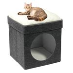 Bonlife Dark Grey Cat Beds for Indoor Cats,Foldable Large Felt Cat House for Winter with Two Move Cushion,Warm Comfortable Dog Bed 45X45X50CM