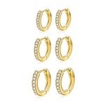 3 Pairs Hoop Earrings 14K Gold Plated Huggie Hoop Earrings Sterling Silver Small Hoop Earrings Set Tiny Cubic Zirconia Cartilage Earrings for Women Men