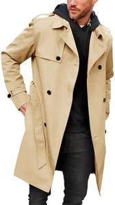 Pretifeel Mens Trench Coat Slim Fit Double Breasted Long Jacket Notched Lapel Belt Fall Windproof Coat, Khaki, Large