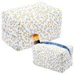 Tulips Floral Quilted Makeup Bag Cotton Puffy Cosmetic Pouch Large Capacity Travel Cosmetic Bag Cute Coquette Make Up Bag Organizer Aesthetic Toiletry Bag Teen Girls Travel Accessories (Blue Tulip)