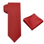 KOOELLE Mens Tie Set Solid Color 3.15" (8CM) Formal Tie and Pocket Square Set For Men, 002-red, Medium