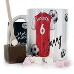 Personalised Mug and Belgian Milk Chocolate/Hot Chocolate Stirrer Marshmallow Gift Set, Customised with Name / Number / Text, (11oz) White, Blue, Black, Pink Mug with Red and White Football Shirt