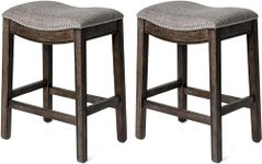 Maven Lane Adrien 66 cm Counter Height Upholstered Backless Saddle Barstool in Dark Walnut Finish with Ash Grey Fabric Cushion Seat, Set of 2