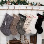 LUBOT 2024 Personalized Christmas Stockings, 1 Pack Custom Embroidery Name 20" Rustic Fireplace Hanging Decorations Farmhouse Plush Faux Fur with Tassel Xmas Stocking Soft Furry for Large Family