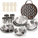 Odoland Stainless Steel Camping Dinnerware Set, Polished Cutlery Tableware Mess Kit Include Plate Bowl Cup Fork Spoon Knife with Carrying Bag for Backpacking Hiking Picnic for 4 Person