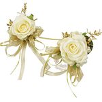 YOKOKE Corsage and Boutonniere Set, Handmade Artificial Peony Rose Wrist Corsage Wristlet and Groom Boutonniere for Men Wedding Prom Suit Decorations (Champagne Cream Gold)