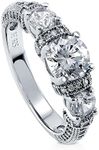 BERRICLE Rhodium Plated Silver Cubic Zirconia CZ 3-Stone Art Deco Promise Engagement Ring Size 8