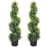 Meegoo 35 inch Artificial Boxwood Spiral Topiary Tree, Fake Greenery Plants, Leaves & Cement-Filled Plastic Flower Pot Decorative Trees for Porch Home Office Indoor Outdoor, 2 Pack