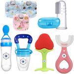 URbani Trading Infant Silicone Baby Fruit Feeder, Teether, Finger Brush, Bibs & Spoon Feeder Pack Of 8-Silicon (Multicolor)