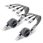 2 Pack Bismdky Multi USB Retractable Charger Cable, 4 in 1 Multiple Charging Cord Adapter with Dual IP/USB-C/Micro-USB Port Adapter, Connectors for Cell Phones Tablets and More (US)