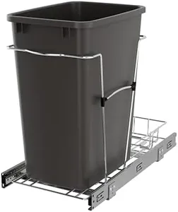 Rev-A-Shelf Pullout Trash Can for Under Kitchen Cabinets 35 Qt 12 Gallon Garbage Waste Recycling Bin with Full Extension Slides, Gray, RV-12KD-13C-S