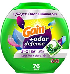 Gain flings Laundry Detergent Pacs with Odor Defense, HE Compatible, 76 Ct, 3in1 Detergent Pacs with Febreze and Oxi, Super Fresh Blast Scent