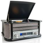 Denver 9-in-1 CD Bluetooth Cassette Player Retro Wooden Record Player HiFi System – 3 Speed Vinyl Turntable & Cassette With CD Player, FM/AM Radio, MP3 USB Recording, AUX IN And Line Out – MCR-50BT
