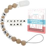 dummy Clip personalised Name Panny & Mody Customized Silicone Teething Beads Binky Holder for Boys and Girls Baby Shower Daycare(Oatmeal)