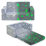 IFNOW Toddler Couch, Toddler Chair Folding, Kids Couch 2 in 1, Kids Sofa for Playroom-Extra Soft 2 Seats, Glow in The Dark Open Couch, Gifts for Kids, Sleeper for Girls Boys, Grey Green
