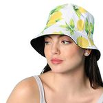 Haute Sauce Women White Lemon Print Bucket Hat for Outdoor Everyday Wear | UV Protection | Lightweight | Foldable | Packable | Latest Stylish Casual Headwear for Women & Girls