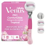 Gillette Venus Pro ComfortGlide Tropical Razor for Women, 1 Handle & 3 Blade Refill - Pomegranate Scented, Olay Moisture Bars, Reusable Metal Handle, Shower Holder