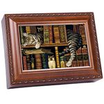 Cottage Garden Cat Sleeping in Library Woodgrain Rope Trim Music Box Plays That's What Friends are for