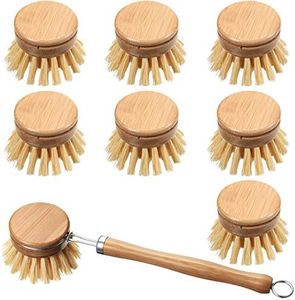 8 Pieces Wooden Kitchen Dish Brush Include Bamboo Scrub Cleaning Brush and Replacement Brush Heads Dish Brush for Kitchen Room Cleaning Supplies