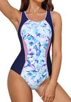 beautyin Women Bathing Suit Sports Racerback One Piece Water Aerobic Swimsuit, Print/Purple, Small