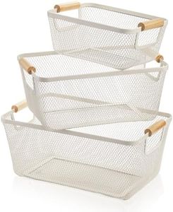Noamus 3 Pack Metal Mesh Baskets with Wood Handle, Iron Storage Organizer Baskets, White Wire Countertop Baskets for Organizing, Cabinet Pantry Closet Bedroom Kitchen(3 Size)